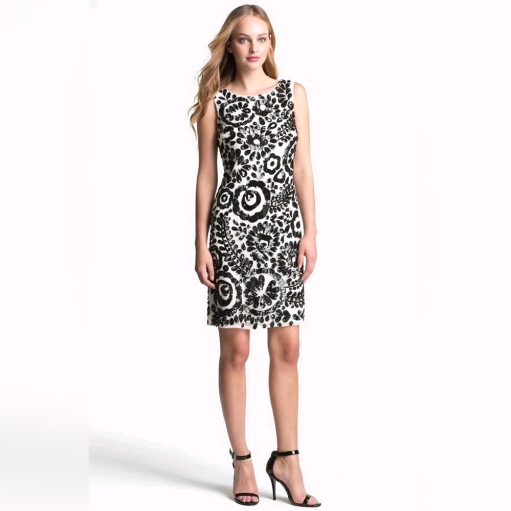 Pissaro Nights Womens 12 White Black Sequin Floral Sheath Mini Dress Formal Mesh